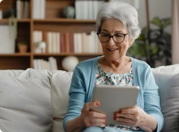 Mujer mayor sonriendo mientras usa su tablet